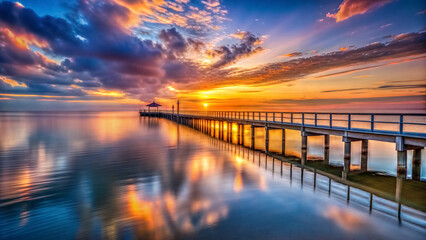 Fototapeta premium Amazingly beautiful sunset on the sea with a wooden pier, stunning sunset, sea pier, calm sea