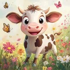 Illustration of a cute, friendly cow in a whimsical, childrens book style. 