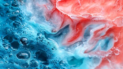  A tight shot of a blue-red liquid with a red-white vortex in its center