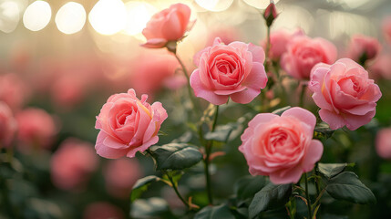 Delicate pink roses bloom in the soft sunlight.