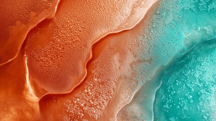 Obraz premium A tight shot of a multicolored substance - blue, orange, and green - with water droplets at the image's base