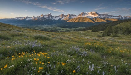 Fototapeta premium Breathtaking mountain landscape during golden hour, adorned with wildflowers and surrounded by majestic peaks in a secluded valley