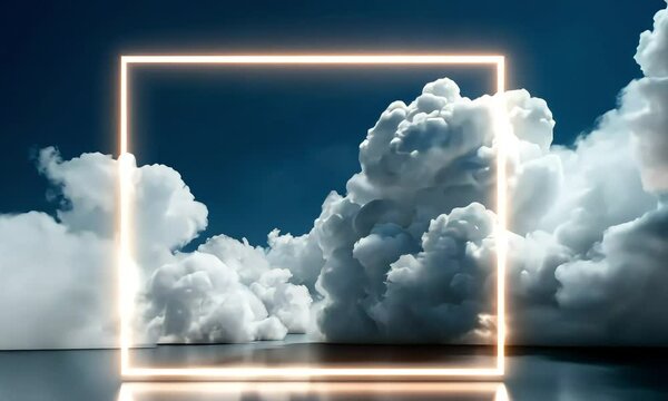 cloud computing concept.Neon illuminated pink and blue soft clouds smoke sky background flowing with glowing rectangular frame. Mock up template product presentation. banner clip mov 4K HD motion