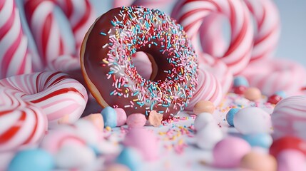 half eaten smashed chocolate donuts, surrounded by candy, donuts background