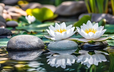 Fototapeta premium Serene water lilies bloom on a tranquil pond surrounded by smooth stones under bright sunlight in early summer