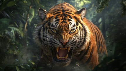 Majestic Tiger Roaring in Lush Jungle Habitat