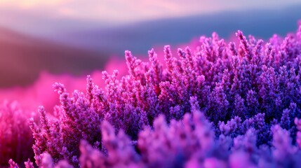 Fototapeta premium A field filled with purple flowers Behind them, a blue sky Additionally, a pink hue tints the upper portion of the background, suggesting a sunset or sunrise scene