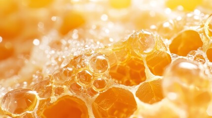  A tight shot of numerous honeycombs, each adorned with droplets of water atop