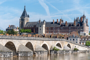 Views of old part of town of Gien is on the Loire river, in Loiret department, France, bridge and...