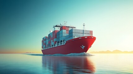 A 3D  rendering cargo ship sailing on the sea, filled with containers, clean background
