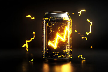 Vibrant energy drink can glowing against a sleek black backdrop, radiating an electrifying aura at night