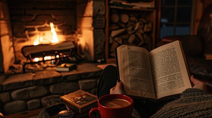 A person sitting by the fireplace, holding an open book and enjoying coffee in one hand