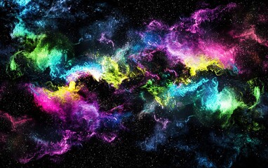 Fototapeta premium Colorful cosmic nebula swirling in the vastness of space with vibrant hues of blue, pink, yellow, and green against a dark background