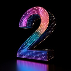 3D number 2 with colored led light texture realistic modern design, soft lighting, black background