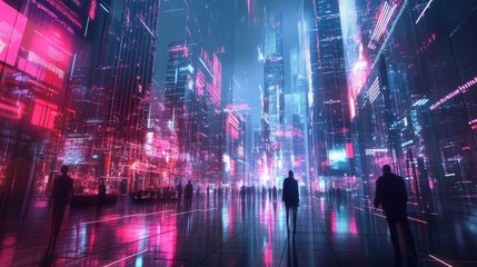 Fototapeta premium Futuristic Cityscape with Neon Lights and Silhouetted Figures