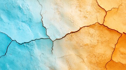 Naklejka premium A tight shot of a blue-white-orange wall with a fissure down its center
