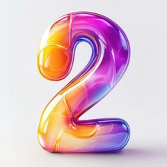 3D number 2 with fluid glass effect, vibrant gradient colors texture realistic modern design, soft lighting, white background. 