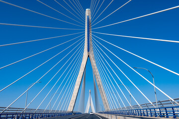 View on cable-stayed bridge with high pylons across the Bay of Cadiz, linking Cadiz with Puerto Real in mainland Spain