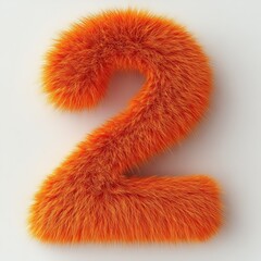 3D number 2 with orange fur texture realistic modern design, soft lighting, white background. 