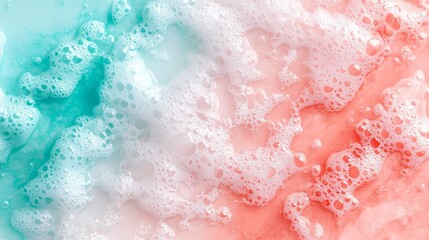 Fototapeta premium A tight shot of water bubbles on a white and blue backdrop, featuring a pink and blue vertical stripe in the lower right corner