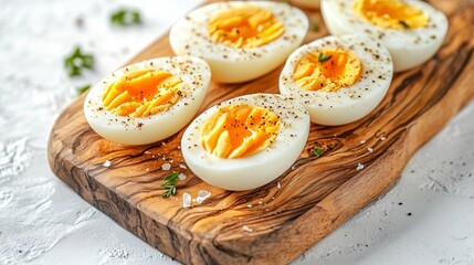 Boiled eggs with perfectly runny yolks, sliced open and arranged on a wooden board, isolated on a light gray surface