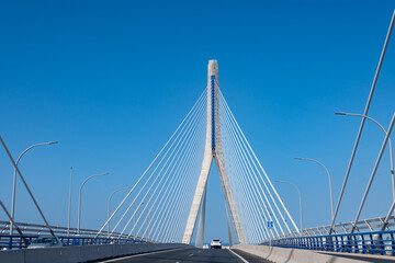 View on cable-stayed bridge with high pylons across the Bay of Cadiz, linking Cadiz with Puerto Real in mainland Spain