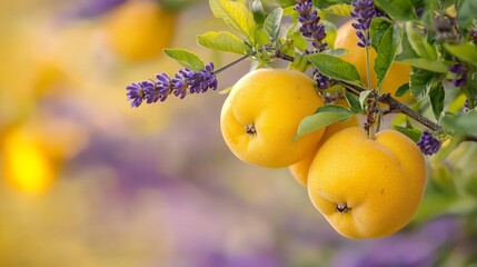 A couple of lemons dangling from a tree against a backdrop of purple flowers and blurred yellow and purple hues
