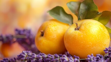  A few oranges seated on a purple branch, adorned with flowery tips and green foliage