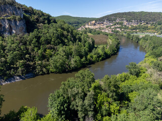 Fototapeta premium Aerial view on Dordogne river near .La Roque-Gageac village located in Dordogne department in southwestern France