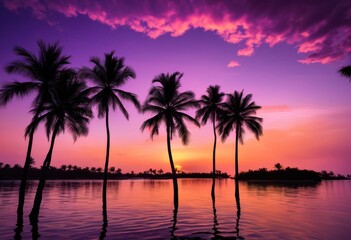 Obraz premium vibrant palm oasis showcasing stunning sunset views over lush greenery serene water reflection, landscape, sky, color, nature, plant, tree, silhouette, clouds