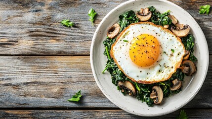 Crispy fried egg on a bed of sauteed spinach and mushrooms, isolated on a white ceramic plate with a wooden background