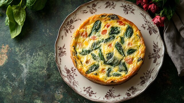 Crustless vegetable quiche with eggs and spinach, isolated on a vintage ceramic plate with floral accents