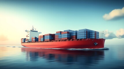 Obraz premium A 3D rendering cargo ship sailing on the sea, filled with containers, clean background