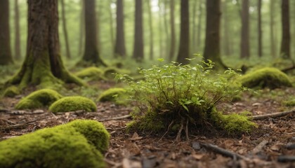 A serene forest landscape depicting lush green moss covering rocks and the forest floor in early morning light