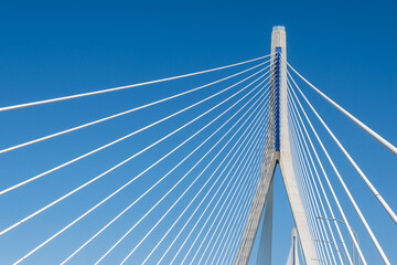 View on cable-stayed bridge with high pylons across the Bay of Cadiz, linking Cadiz with Puerto Real in mainland Spain