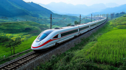 Fototapeta premium A sleek modern train glides through lush green landscapes on a sunny day, showcasing the harmony of technology and nature