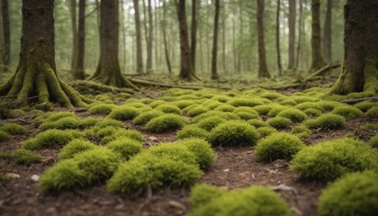 A serene forest landscape depicting lush green moss covering rocks and the forest floor in early morning light