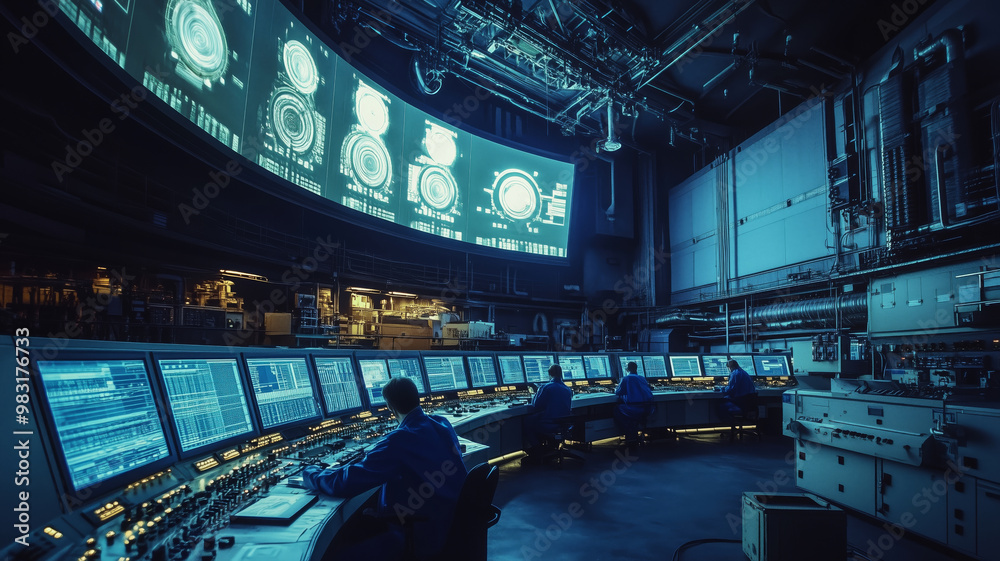 Poster Engineers in dark blue overalls collaborate at advanced control station during a high-tech operational briefing