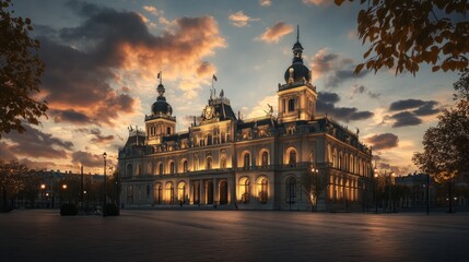 Obraz premium Majestic Historic Building at Sunset with Dramatic Clouds