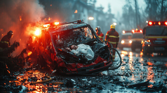 A man lies in a crashed car in the aftermath of a fire.