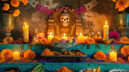 Vibrant Día de los Muertos Altar with Marigold Flowers, Sugar Skulls, and Candles for Outdoor Celebration