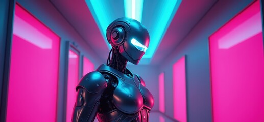 A futuristic robot in a neon lit corridor, showcasing advanced technology and design. Perfect for concepts in AI, robotics, and modern innovation.