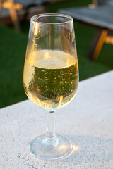 Drinking of cava or champagne sparkling wine on outdoor roof terrace with view on central part of old Sevilla, Andalusia, Spain sunset