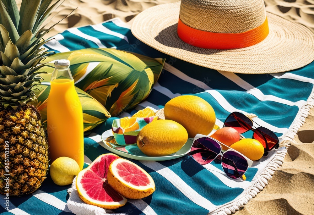 Wall mural essential tropical beach items neatly arranged sunny towel vibrant colors textures relaxing day paradise, summer, relaxation, sand, accessories, sunscreen