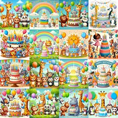 Naklejka premium Happy birthday cartoon. AI generated illustration