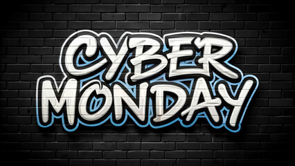 Graffiti lettering CYBER MONDAY, 3D white font with blue border on dark brick wall background. AI, Generation, Illustration.