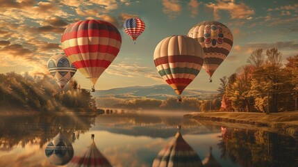 Fototapeta premium Patriotic Hot Air Balloons Soaring Over Scenic Autumn Landscape - Columbus Day Celebration