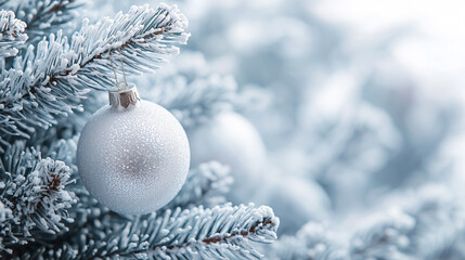 white christmas decoration background with ornaments on a christmas tree