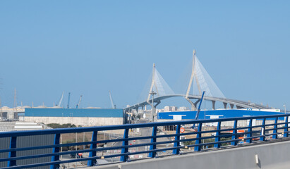 View on cable-stayed bridge with high pylons across the Bay of Cadiz, linking Cadiz with Puerto Real in mainland Spain