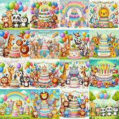 Fototapeta premium Happy birthday cartoon. AI generated illustration